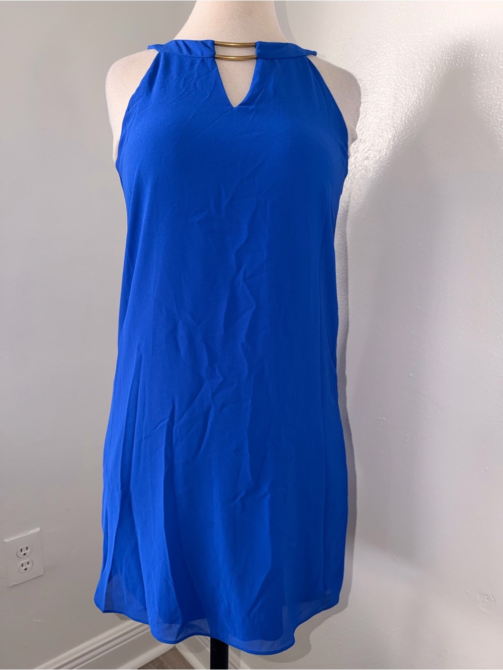 Sleeveless Cobalt Blue Halter Cover-Up with Gold Bar Accent
